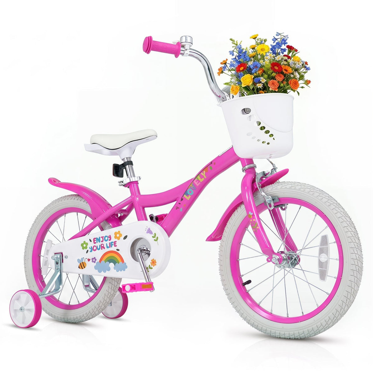 Girls 12-18 inch kids bike with training wheels and front basket, colorful GBruno Store children's bike for young riders.
