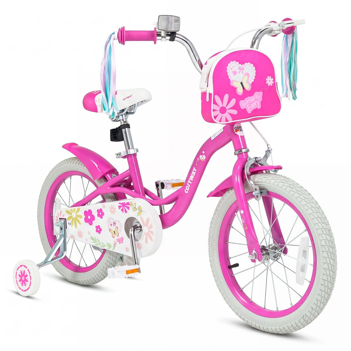 Girls kids bike with 12-18 inch wheels, training wheels, and front bag, featuring a colorful frame and comfortable seat.