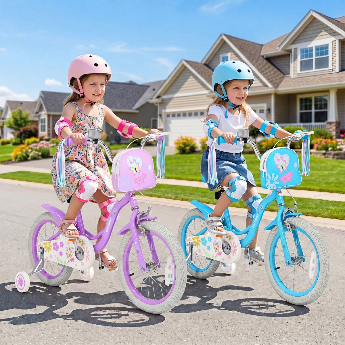 Girls 18-inch kids bike with training wheels and front bag, featuring colorful frame and comfortable handlebars for young riders.
