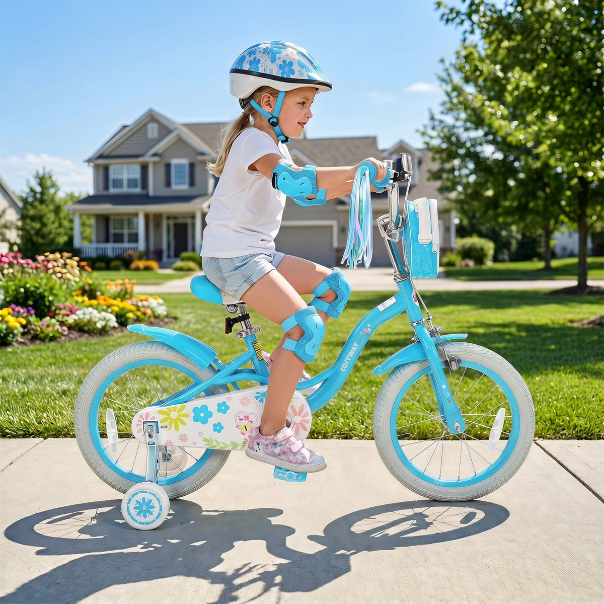 Girls 12-18 inch kids bike by GBruno Store with training wheels and front bag, suitable for young children learning to ride.