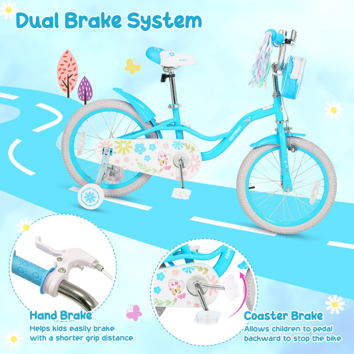 Girls kids bike with 12-18 inch wheels, training wheels, and front bag, featuring a colorful design and sturdy frame.