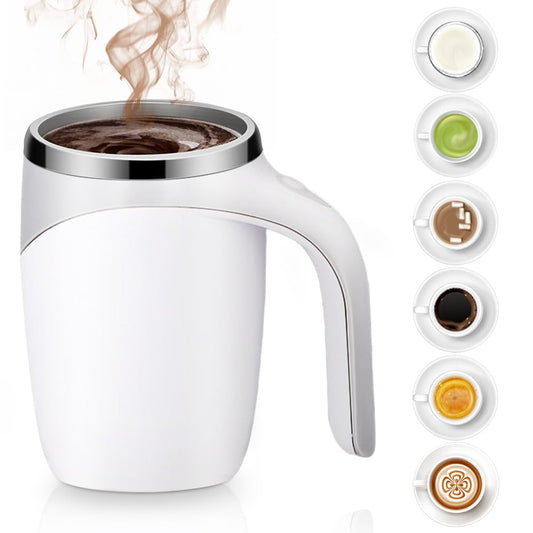 White rechargeable self-stirring coffee mug by BACKUPMYFILESNOW.COM® with automatic magnetic mixing for coffee, milk tea, and beverages.