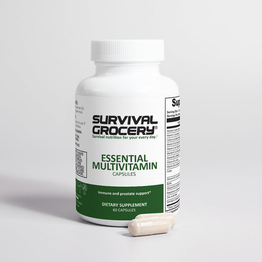 Label image of Survival Grocery® Essential Multivitamin bottle showing vitamins and minerals supplement packaging.