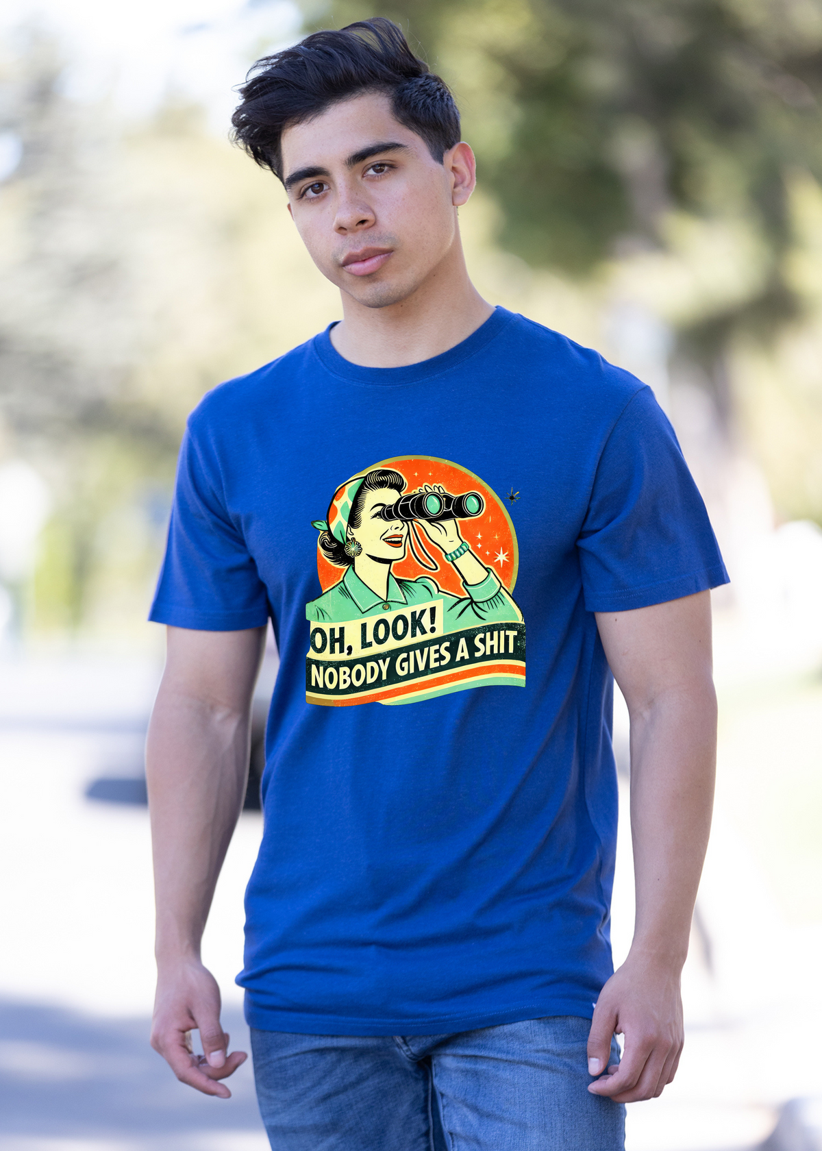 Mens Spun Bamboo graphic T-shirt featuring retro funny woman design in unisex bamboo and cotton fabric.