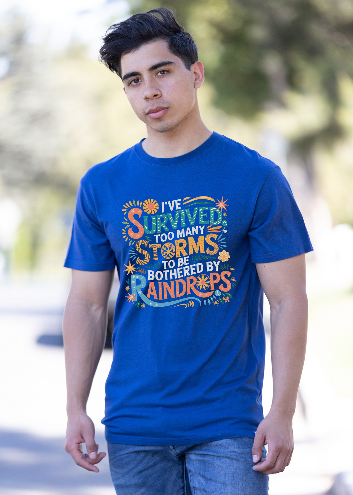 Men's Spun Bamboo unisex graphic T-shirt featuring a bold "I've Survived Too Many Storms" print in bamboo and cotton fabric.