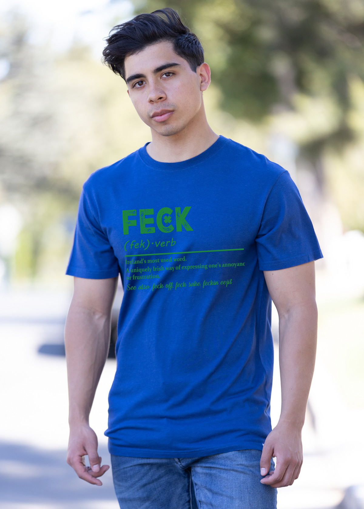Men's Feck Irish St. Patrick's Day graphic T-shirt by Spun Bamboo, featuring a green shamrock and festive designs on breathable bamboo cotton fabric.