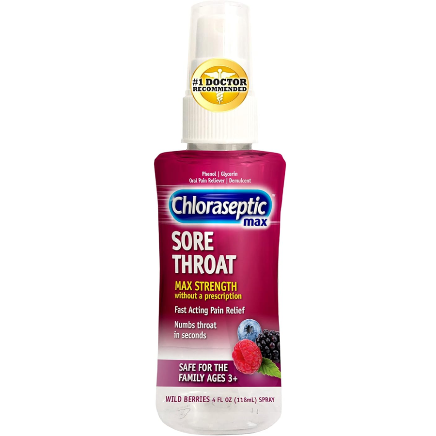 Chloraseptic Max Strength sore throat spray in wild berries flavor, 4 oz bottle, with nozzle for targeted relief, from Pasteur Pharmacy.