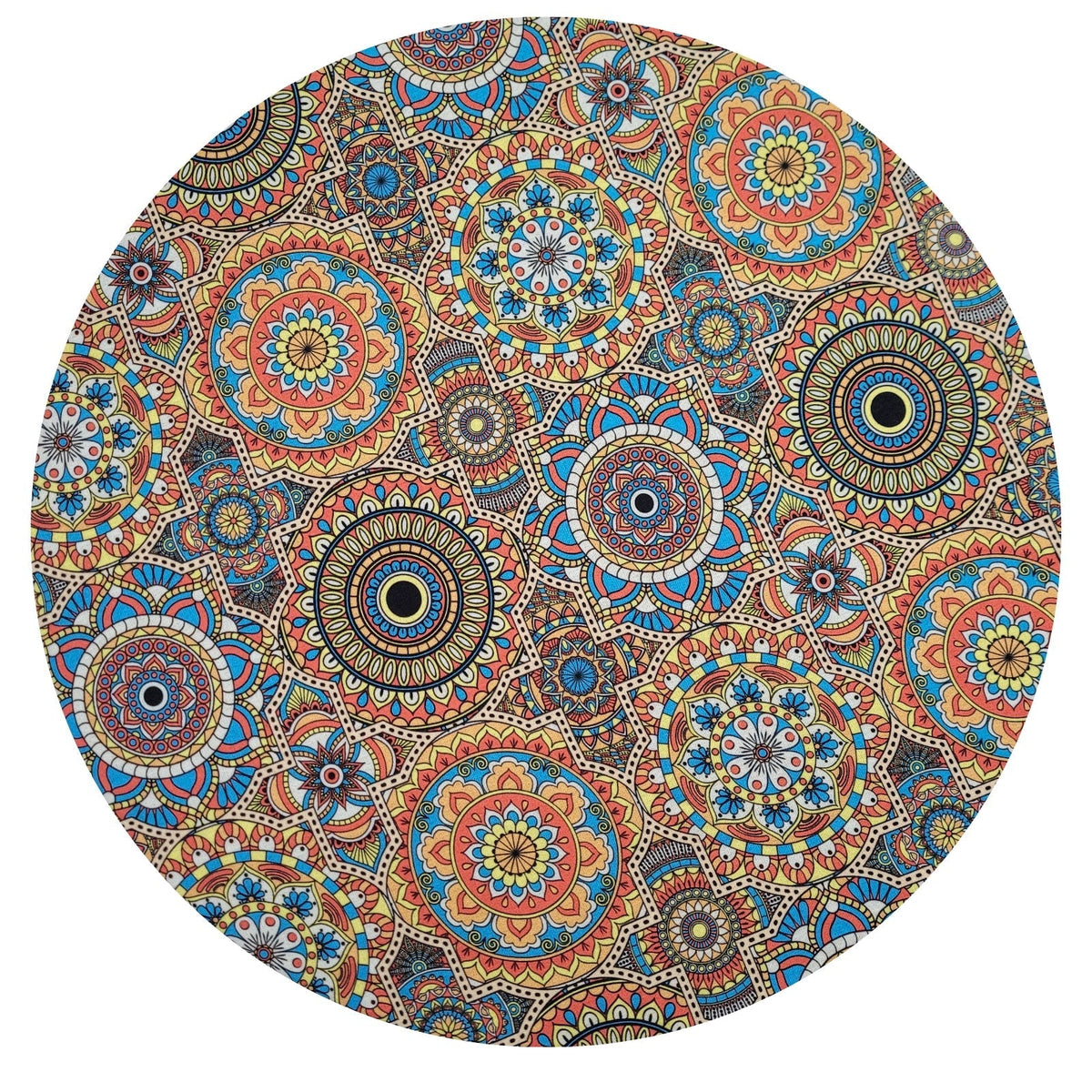 Set of 4 round placemats covers featuring mandala psycho design, made for MDF wood circles, by Maison Charlo, 14-inch diameter.