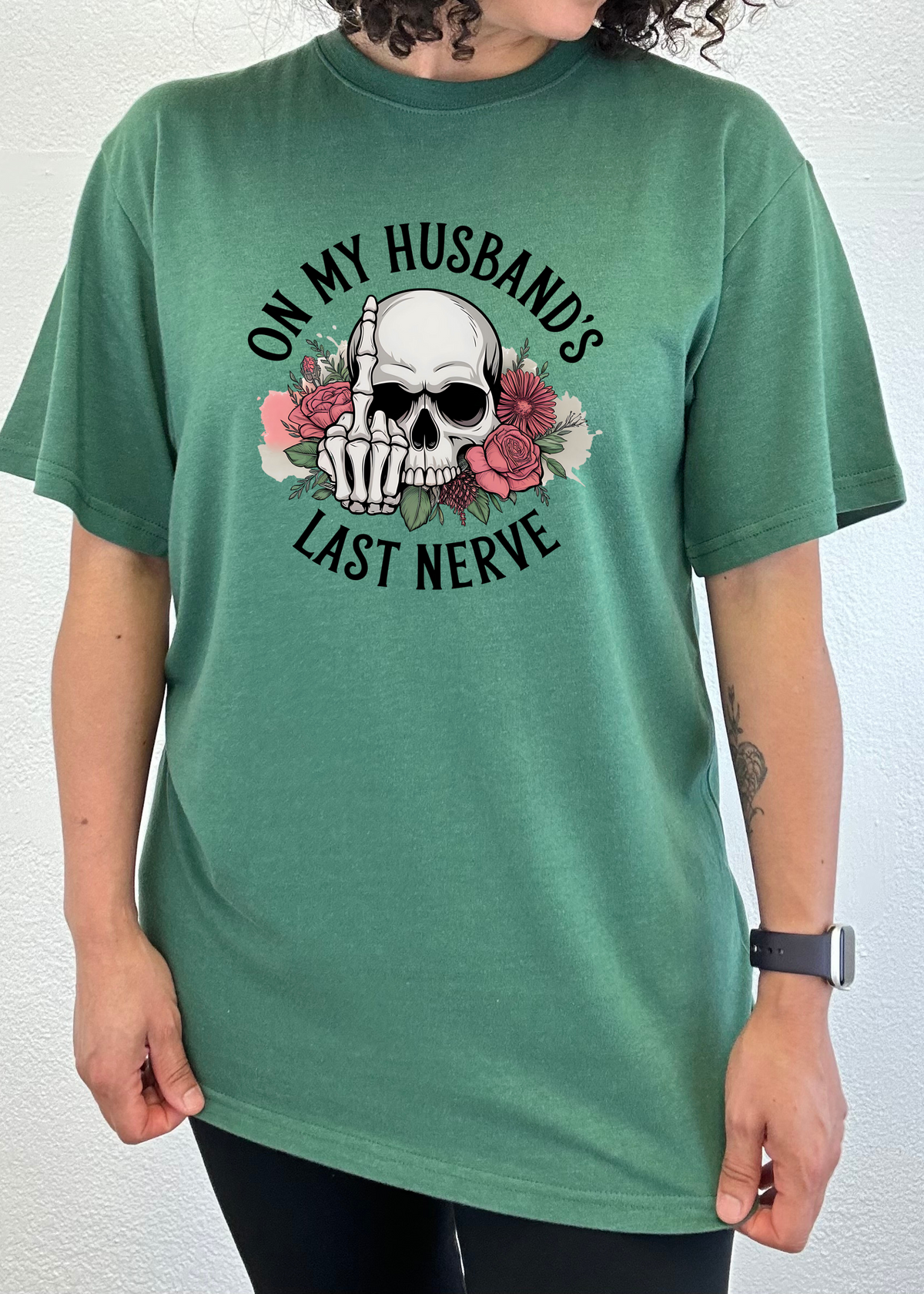 Spun Bamboo men's sublimation graphic T-shirt with humorous "On My Husband's Last Nerve" print, made from bamboo and cotton blend.