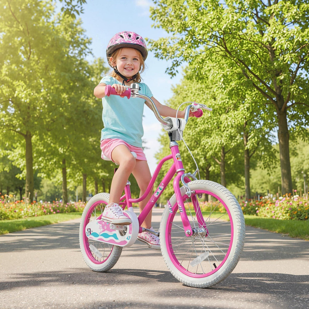 Pink kids bike with training wheels, 12-18 inches, featuring sturdy frame and colorful design suitable for young children.