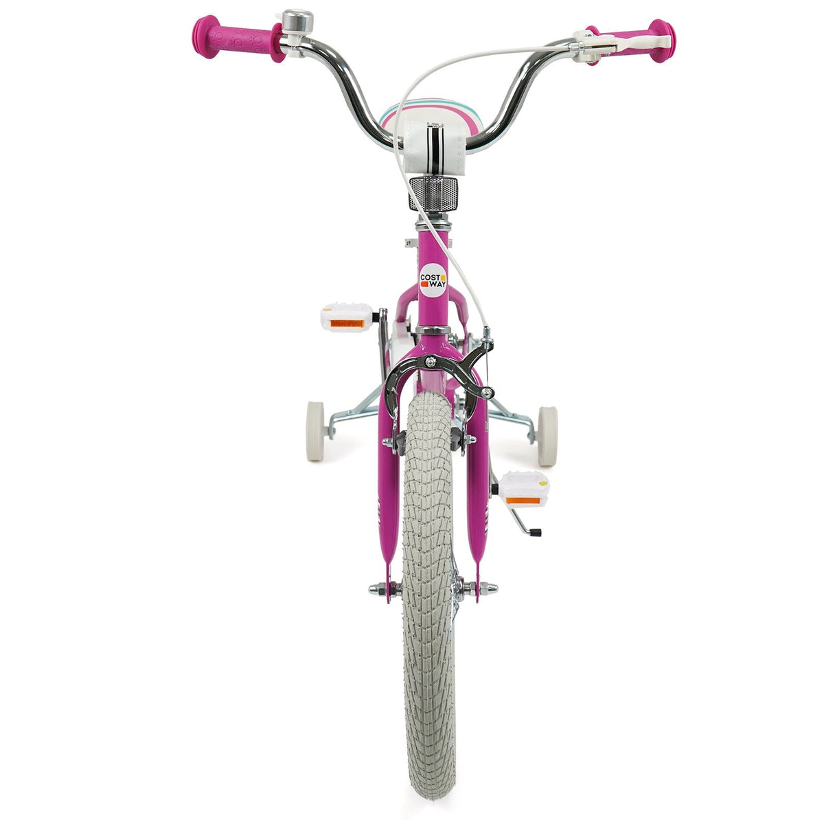 Pink kids bike with 12-18 inch wheels and training wheels, designed for young children, featuring a sturdy frame and colorful design.