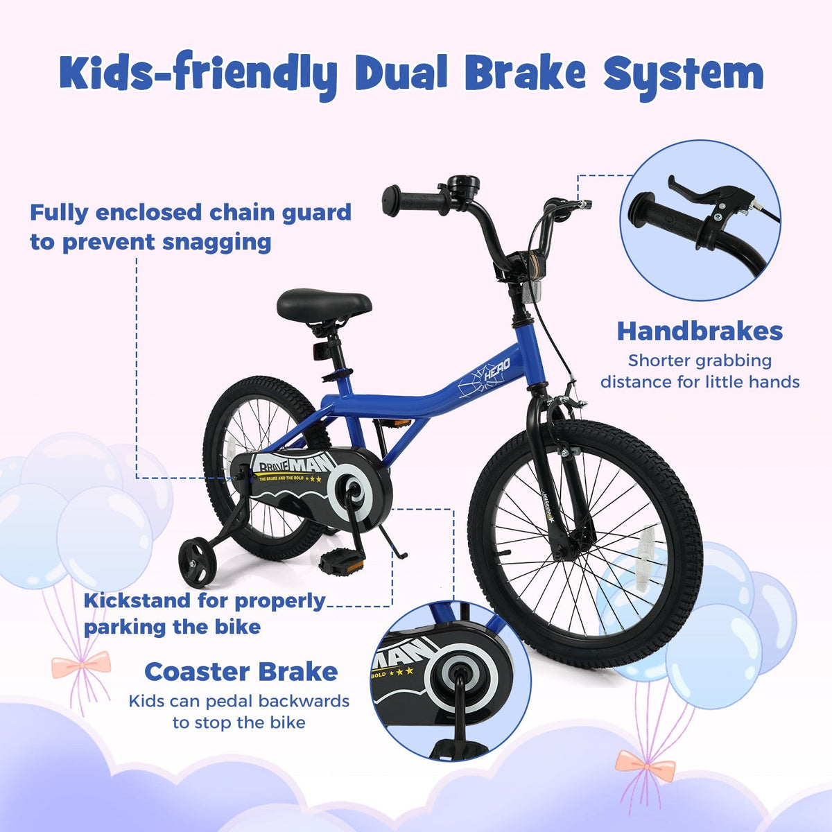 Navy 14-inch kids bike with removable training wheels from GBruno Store, suitable for young children learning to ride.