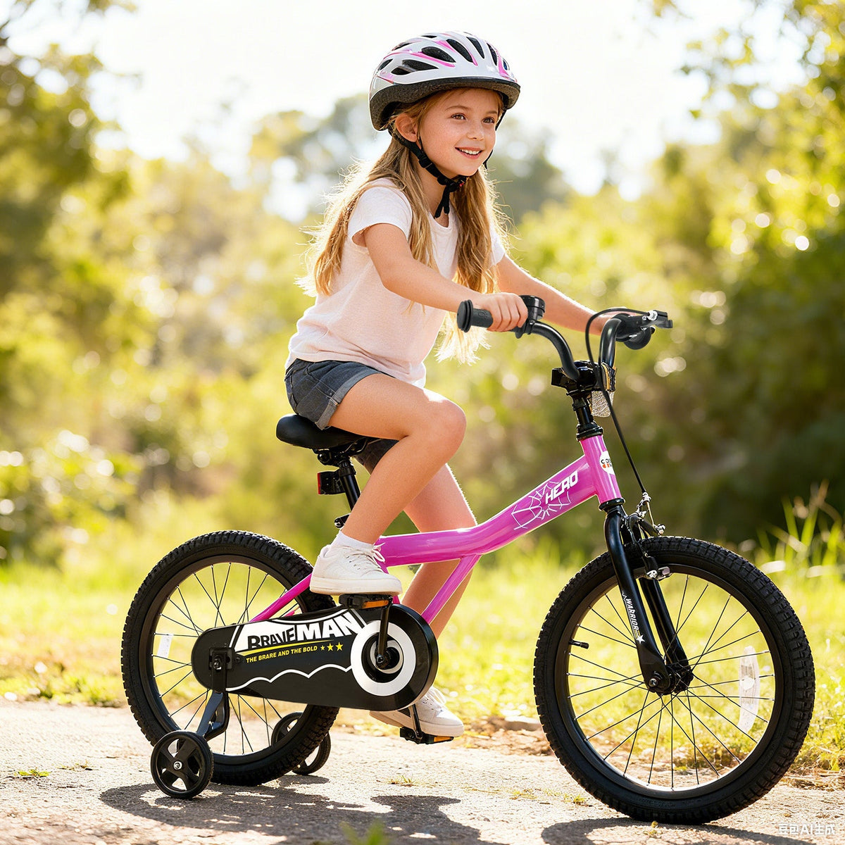 Pink 14-inch kids bike with removable training wheels from GBruno Store, featuring a lightweight frame and colorful design.