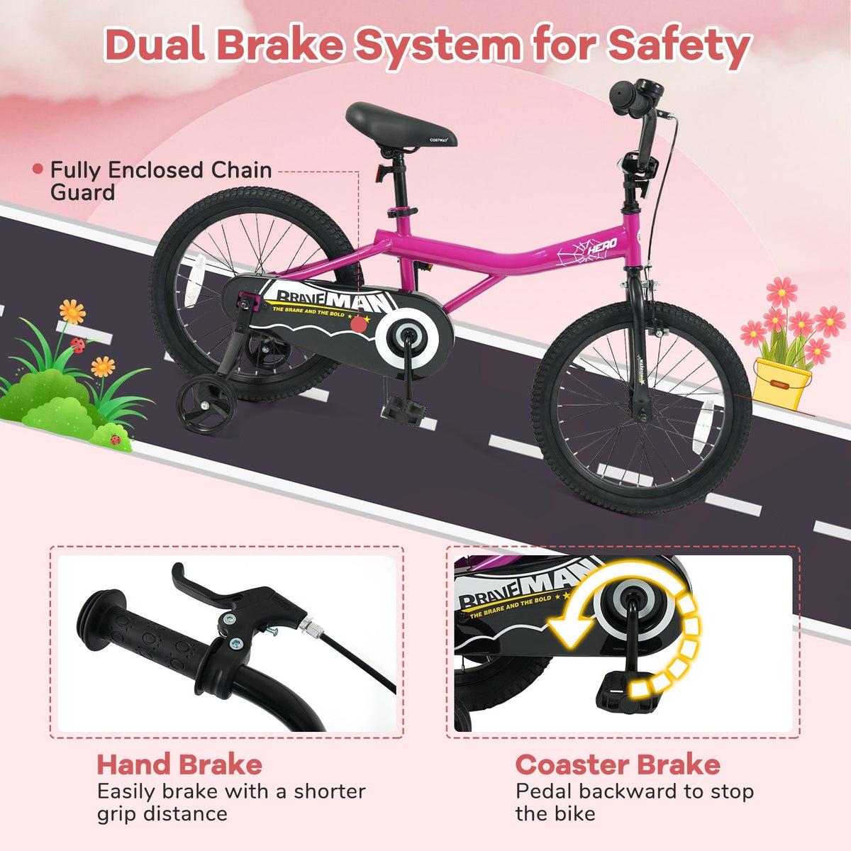 Pink 14-inch kids bike with removable training wheels and a sturdy frame, perfect for young children learning to ride.