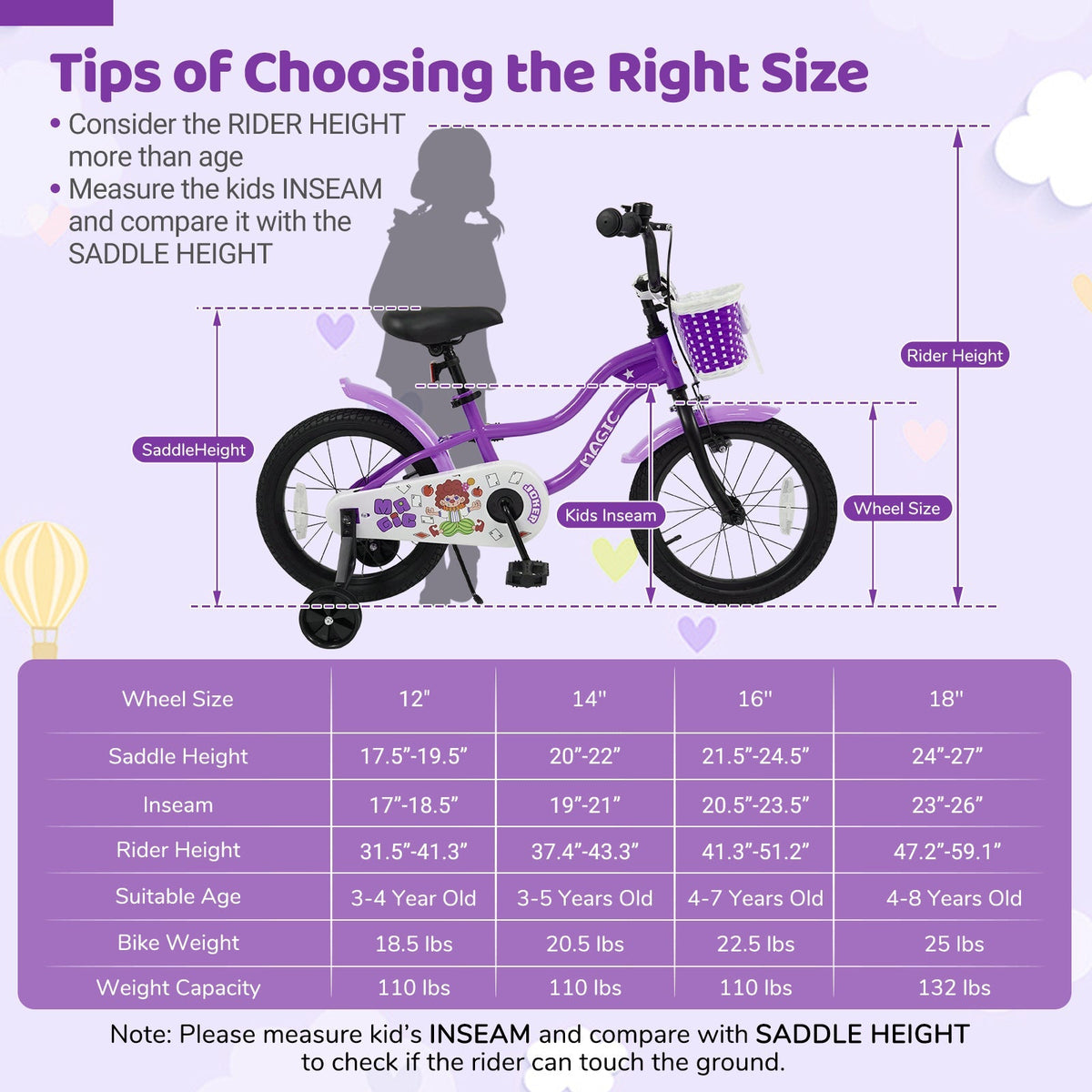 Purple kids bike with training wheels for 12-18 inch wheel sizes, suitable for young children learning to ride.
