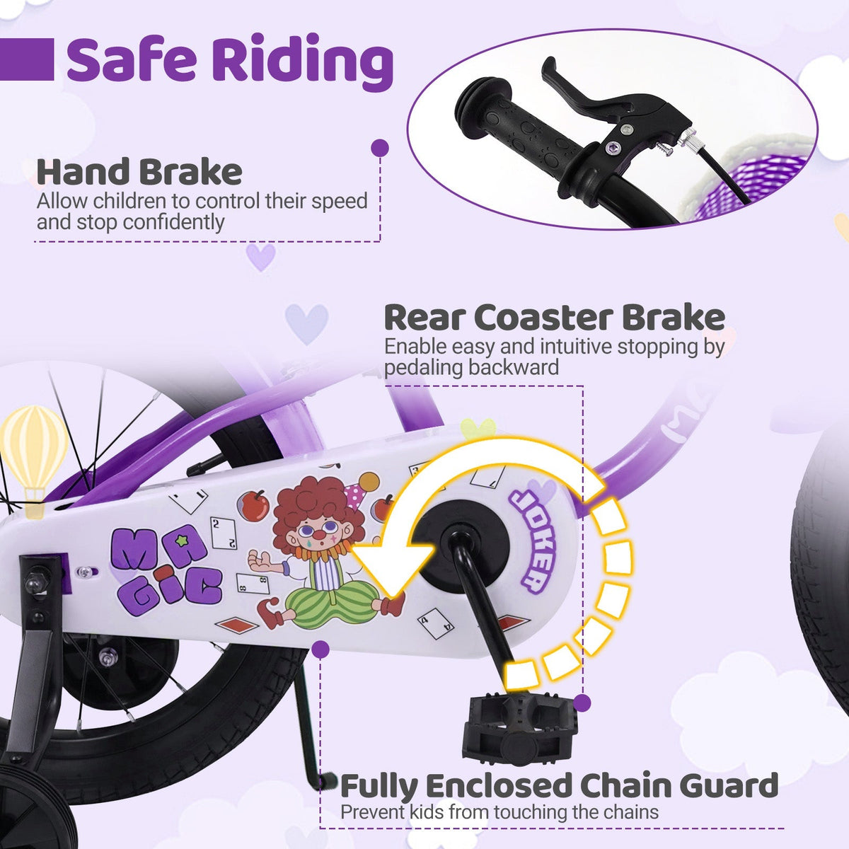 Purple kids bike with training wheels, 12-18 inch size, suitable for young children, featuring a sturdy frame and colorful design.