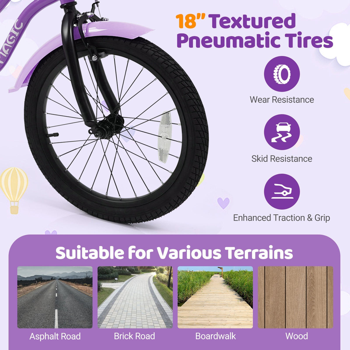 Purple kids bike with training wheels, 12-18 inch size, suitable for beginners and young riders, featuring a sturdy frame and colorful design.