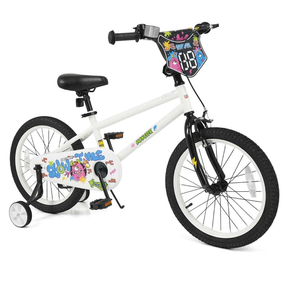 White kids bike with training wheels, 12-18 inch size, suitable for young children, featuring a sturdy frame and colorful accents.