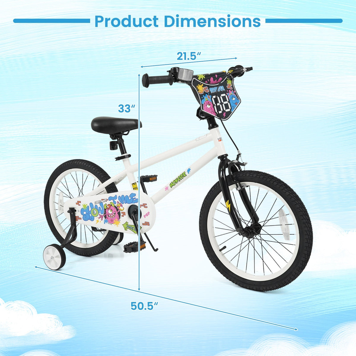 White kids bike with training wheels, 12-18 inch size, suitable for beginners, featuring a sturdy frame and colorful design.