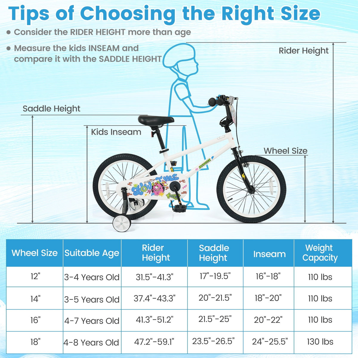 White kids bike with training wheels, 12-18 inch size, designed for children learning to ride, from GBruno Store.