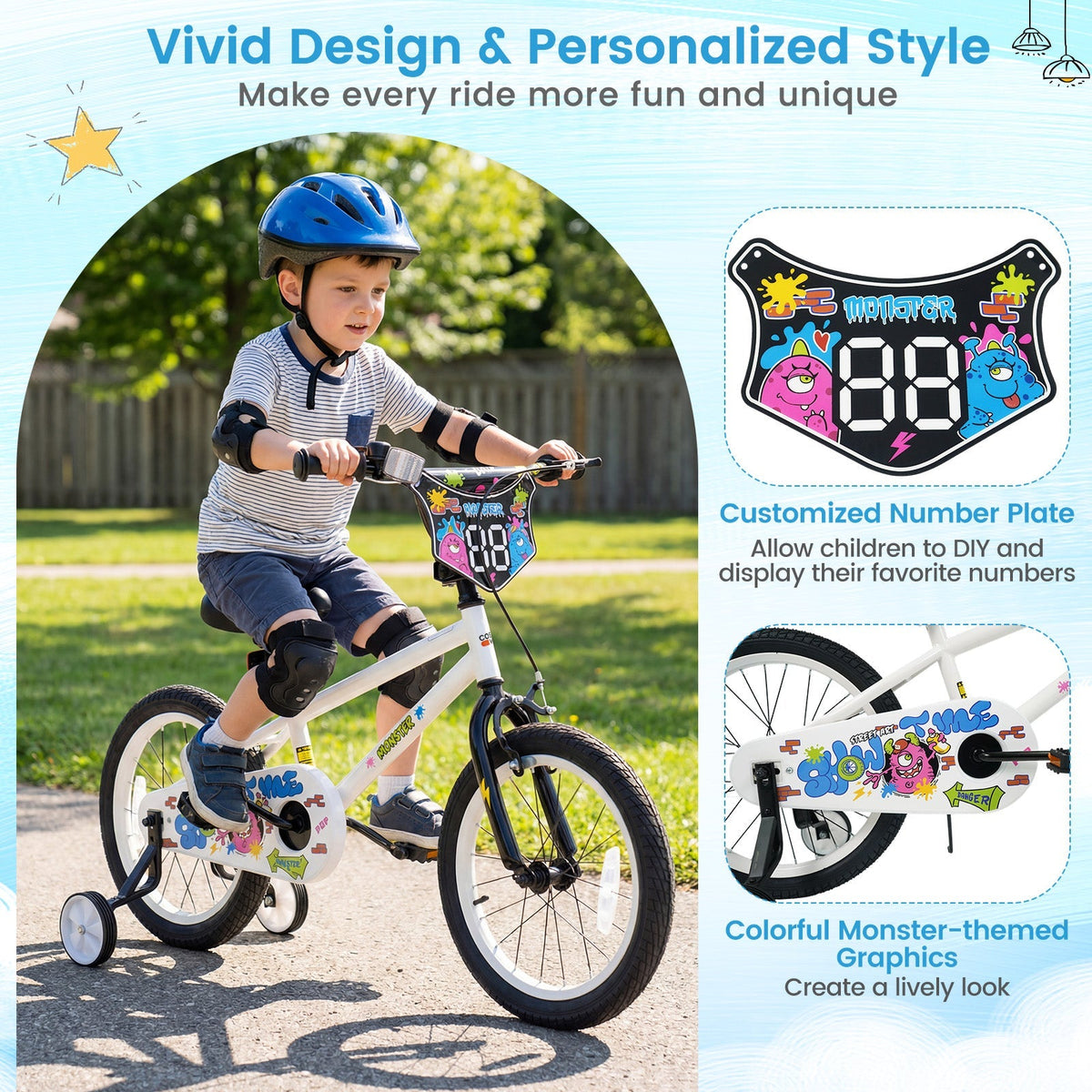 White kids bike with training wheels for 12-18 inch wheel size, featuring a sturdy frame and colorful accents for young riders.