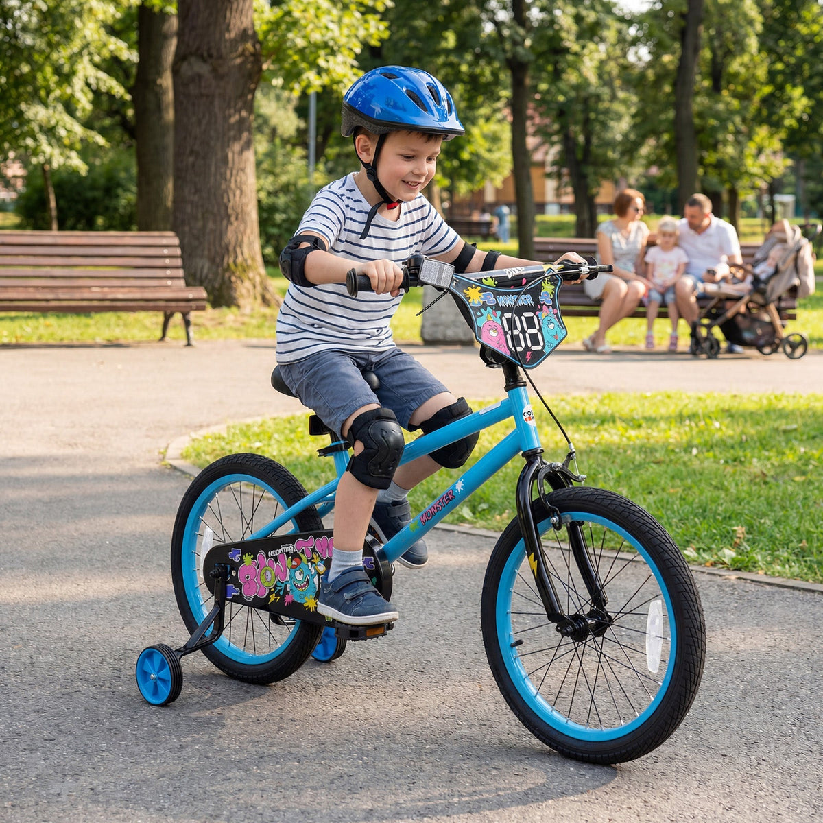 16-inch kids bike with training wheels from GBruno Store, suitable for children aged 4 to 7, featuring colorful design and safety features.