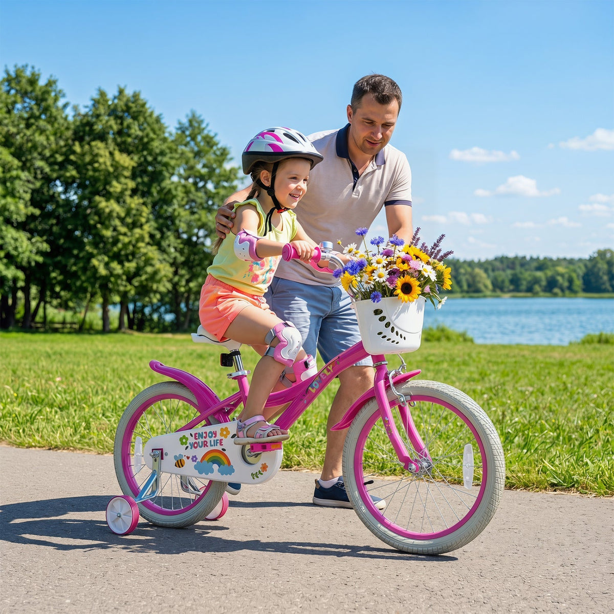 Girls bike for ages 12-18 inches with training wheels and woven basket, featuring a colorful frame and adjustable seat.