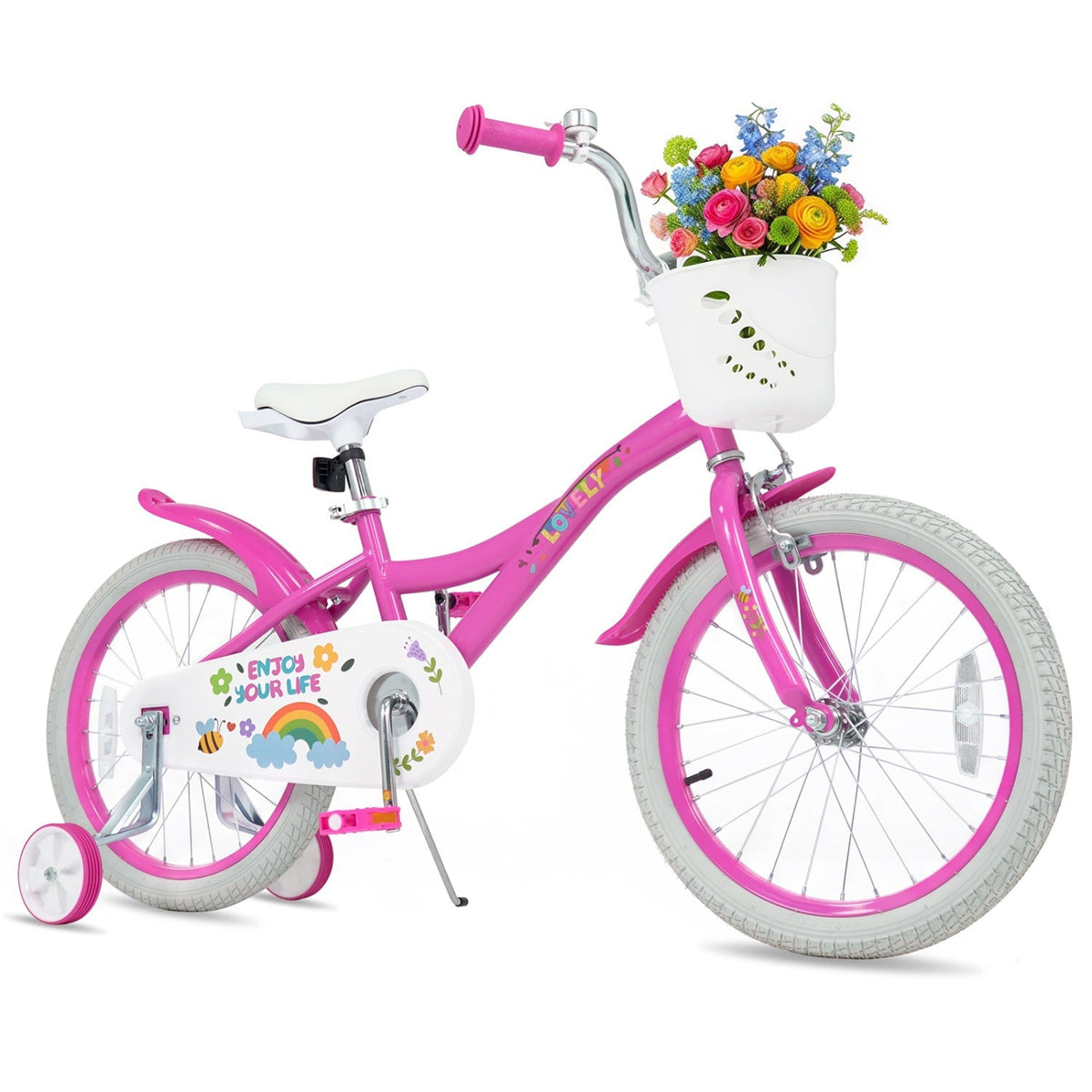 Girls kids bike 12-18 inch with training wheels, basket, pink frame, and colorful accents suitable for young children.