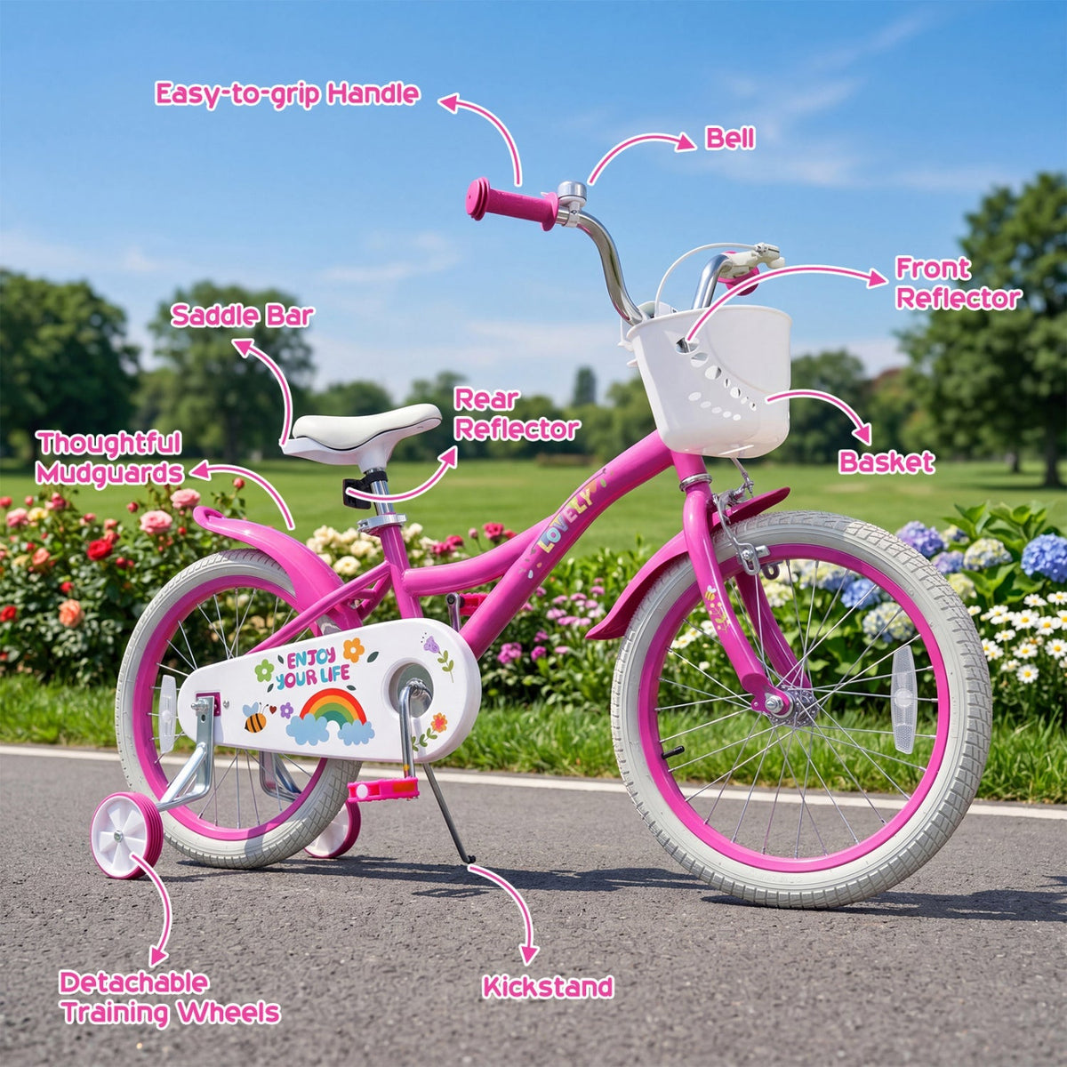 Girls 12-18 inch Kids Bike with training wheels and basket, featuring a colorful frame and safety features for young riders.