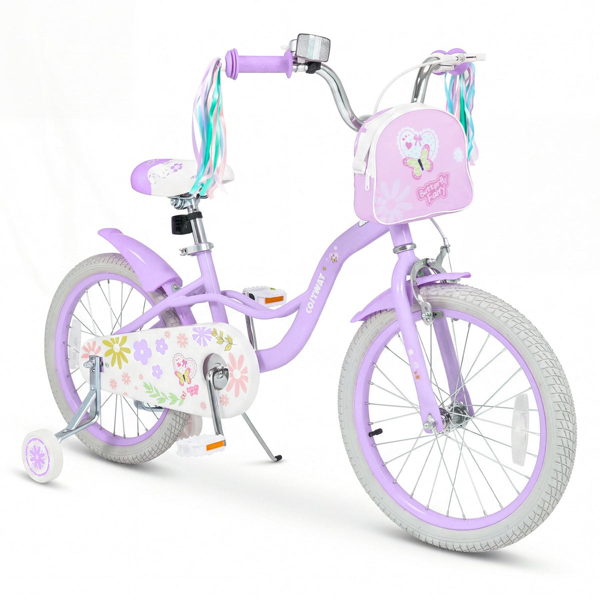Girls 18-inch kids bike with training wheels and front bag, featuring a colorful frame and sturdy design for young riders.