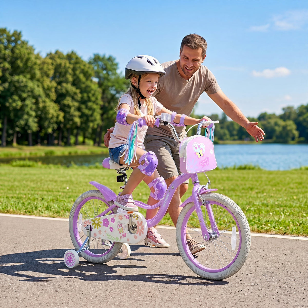 Girls 18-inch kids bike with training wheels and front bag, featuring a colorful frame and comfortable seat for young riders.