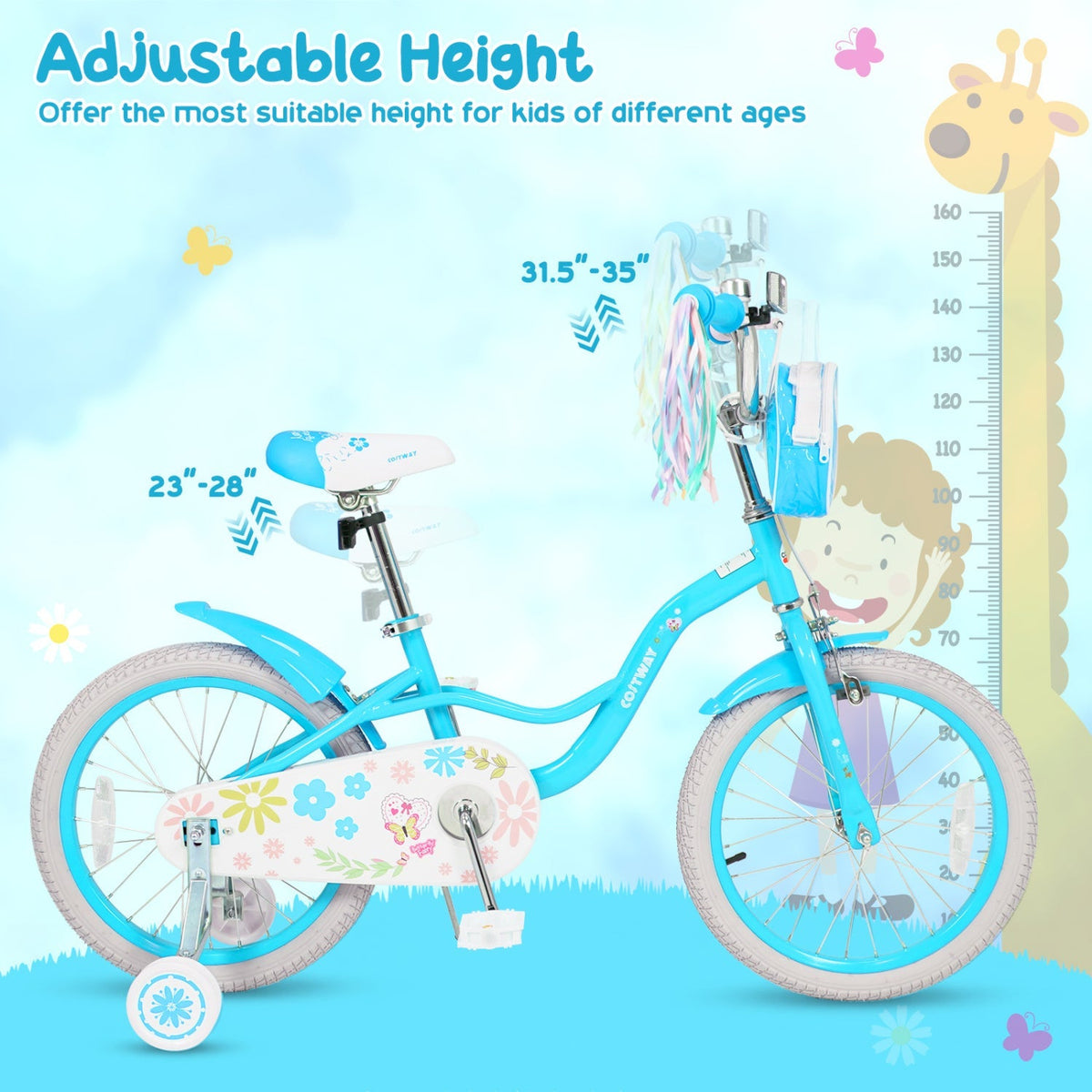 Girls kids bike with 12-18 inch wheels, training wheels and front bag, featuring a colorful frame and adjustable seat.