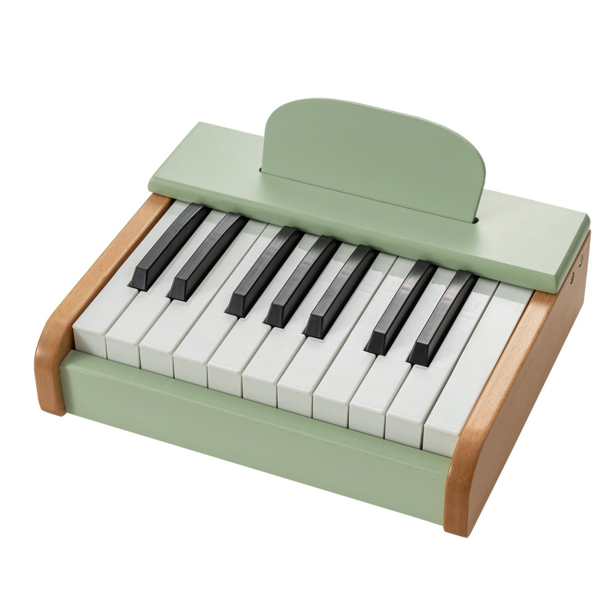 Wooden 18-key kids' piano musical toy with music stand, featuring colorful keys and a sturdy wooden construction.