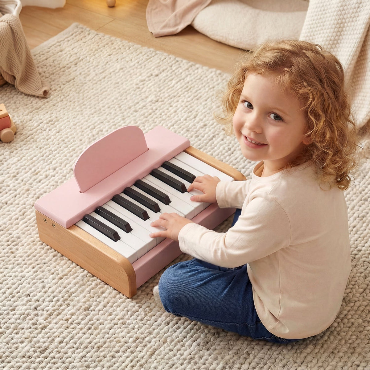 Wooden 18-key kids piano with music stand, a musical toy by GBruno Store perfect for young children learning music.