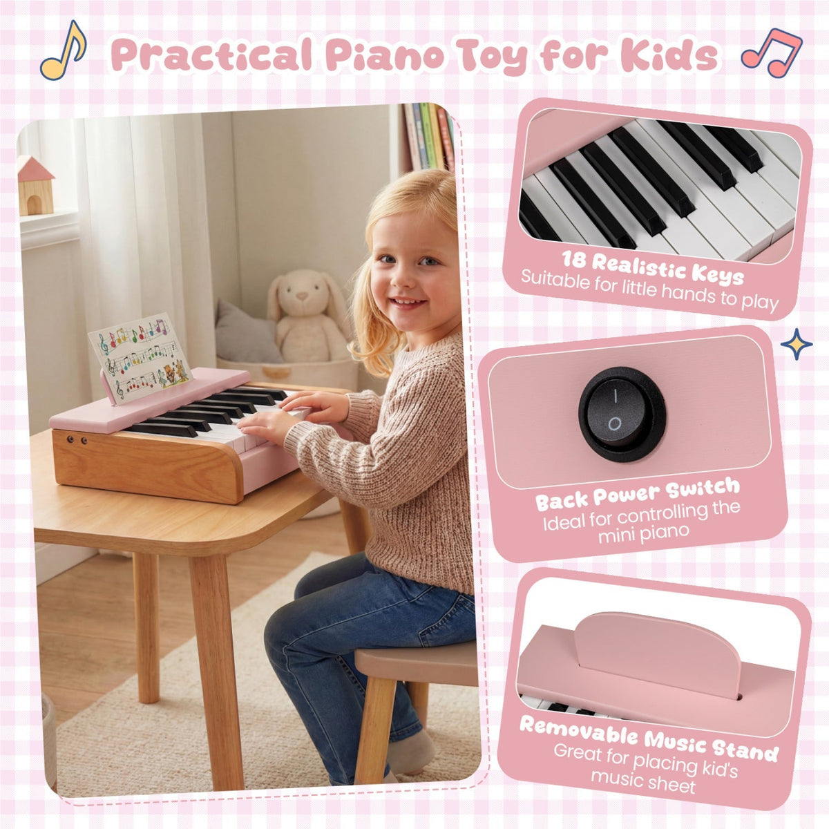Wooden 18-key kids' piano with music stand, colorful musical toy for children, by GBruno Store.