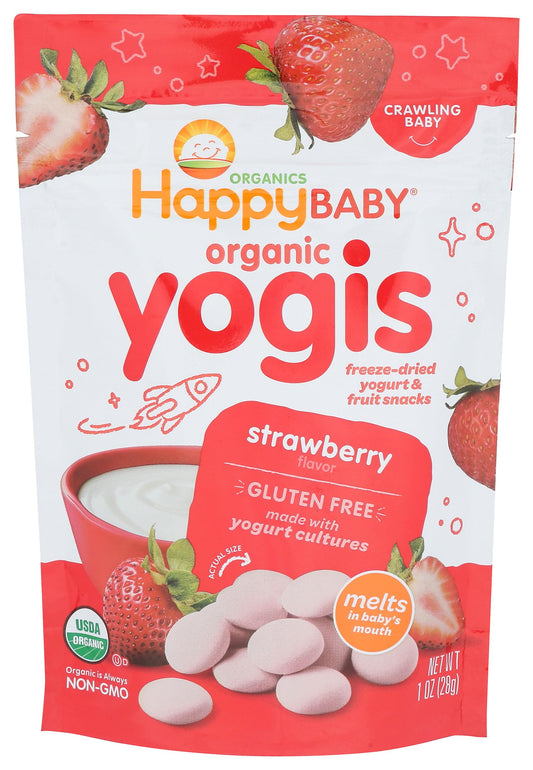 Organic strawberry yogurt snacks for babies in a 1 oz pack, with colorful packaging and a smiling baby enjoying the treat.