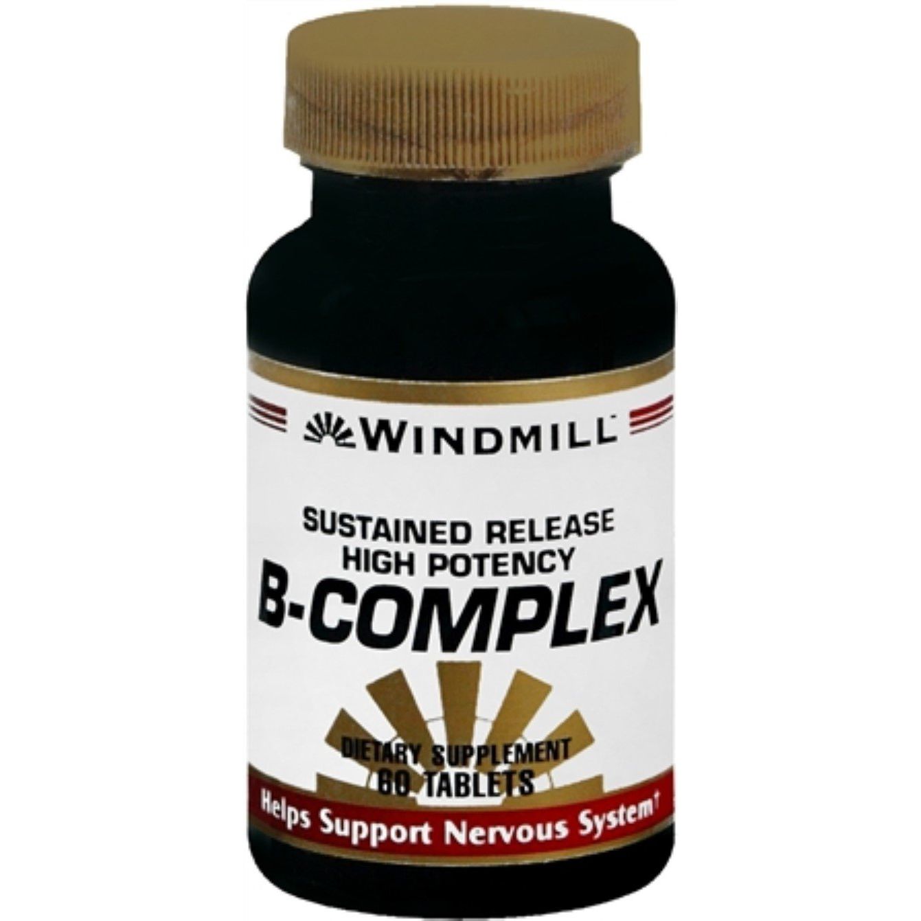 Bottle of Windmill Vitamin B-Complex 50 sustained release tablets from Pasteur Pharmacy, shown with 60 tablets in the container.
