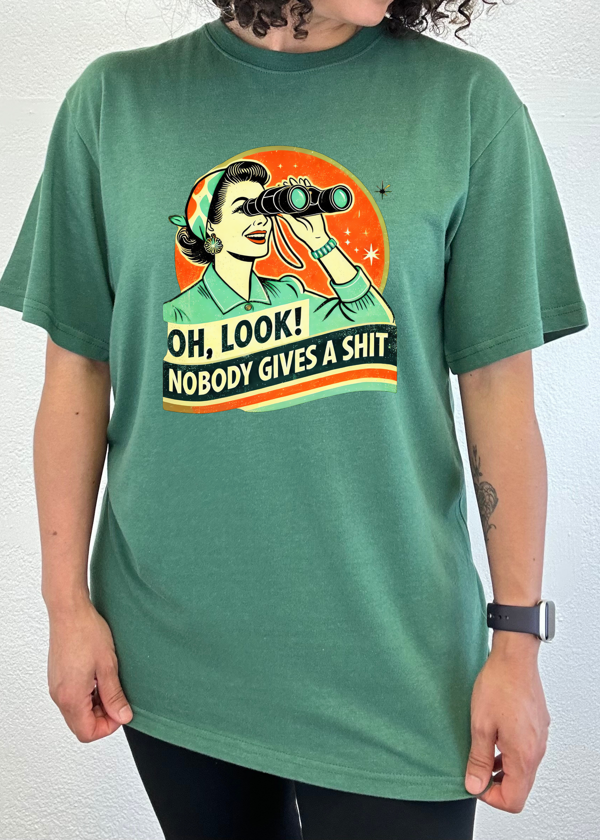 Mens Spun Bamboo graphic T-shirt featuring a retro funny woman design in unisex bamboo and cotton fabric.
