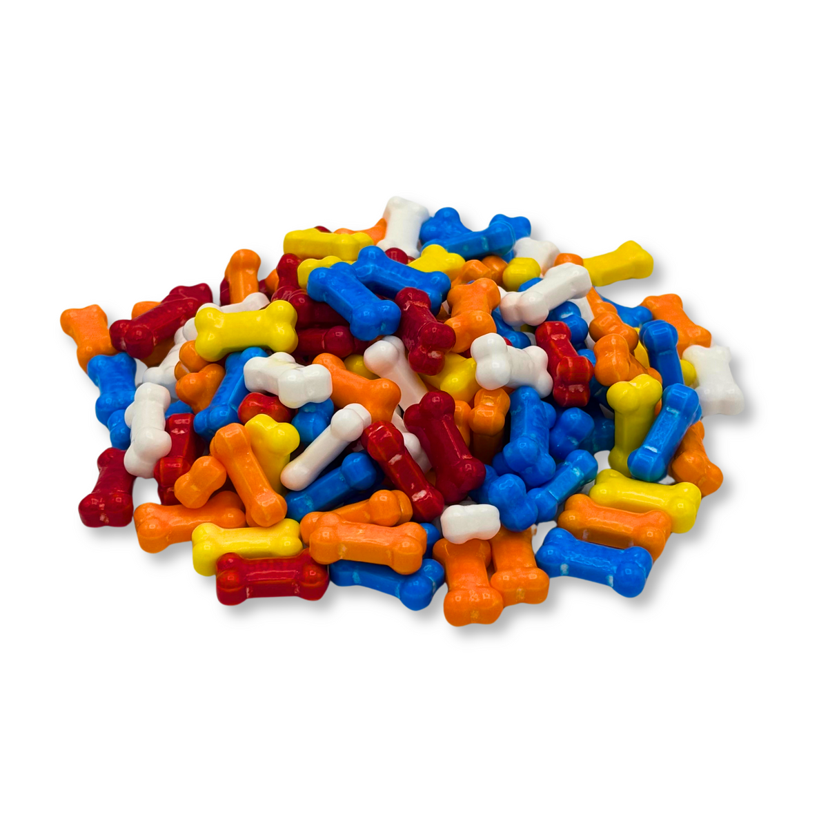 Assorted Bonz Bone Shaped Hard Candy from Candy In Bulk in a clear bulk value bag, colorful bone-shaped candies.