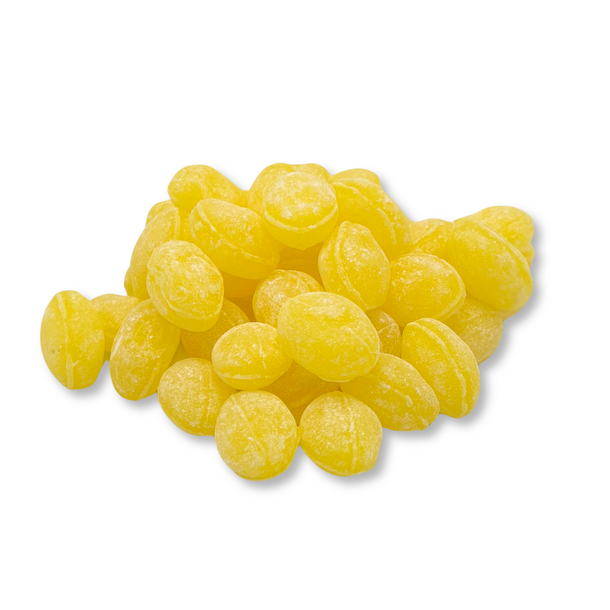 Claeys Lemon Sanded Drops hard candy in bulk, featuring bright yellow lemon-flavored candies with a textured sanding sugar coating.