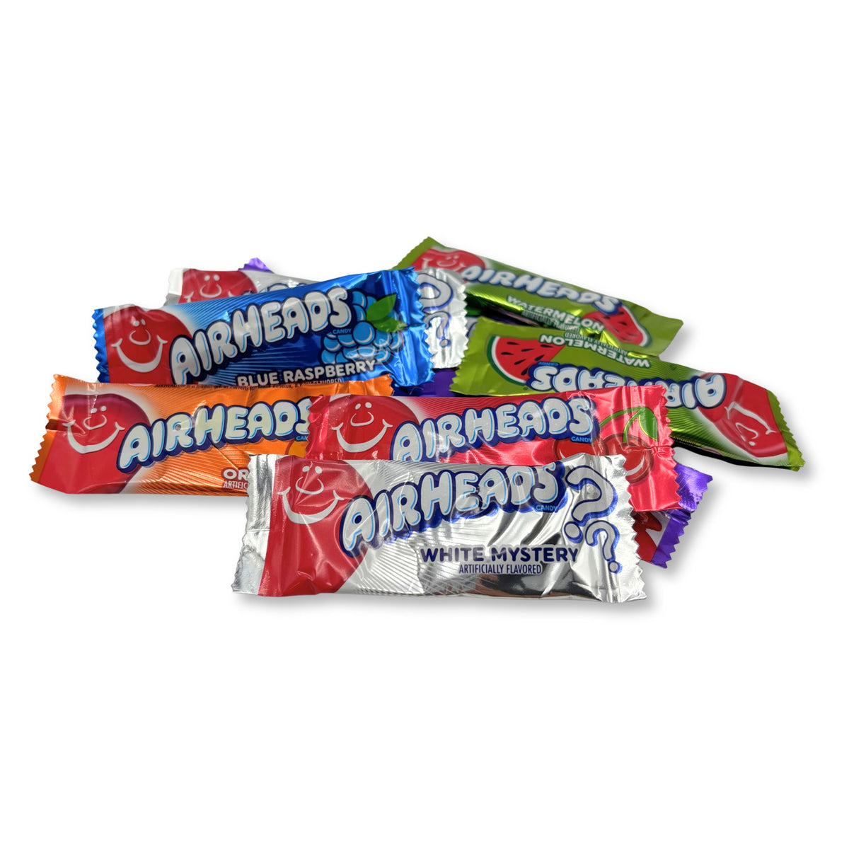 Assorted Airheads Mini Bars candy in a bulk value bag, featuring colorful, individually wrapped chewy fruit-flavored treats from Candy In Bulk.
