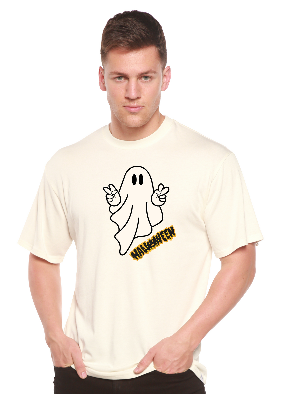 Unisex Halloween Ghost graphic T-shirt by Spun Bamboo, short sleeve design with printed ghost image in bamboo viscose and organic cotton fabric.