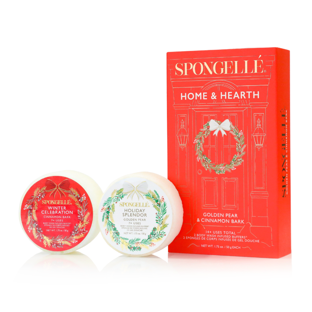 Spongellé Holiday Wreath Body Wash Infused Buffer with festive holiday wreath design for skincare and gift-giving.