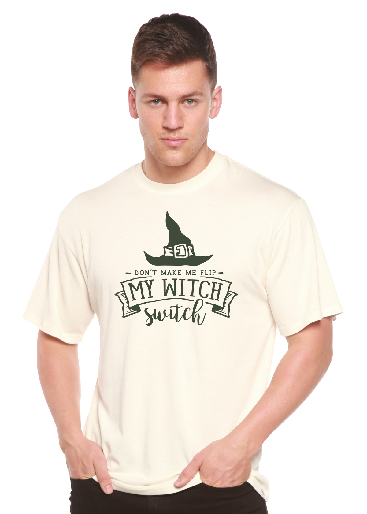 Spun Bamboo men's graphic T-shirt featuring a witch design, made from bamboo viscose and organic cotton with short sleeves.