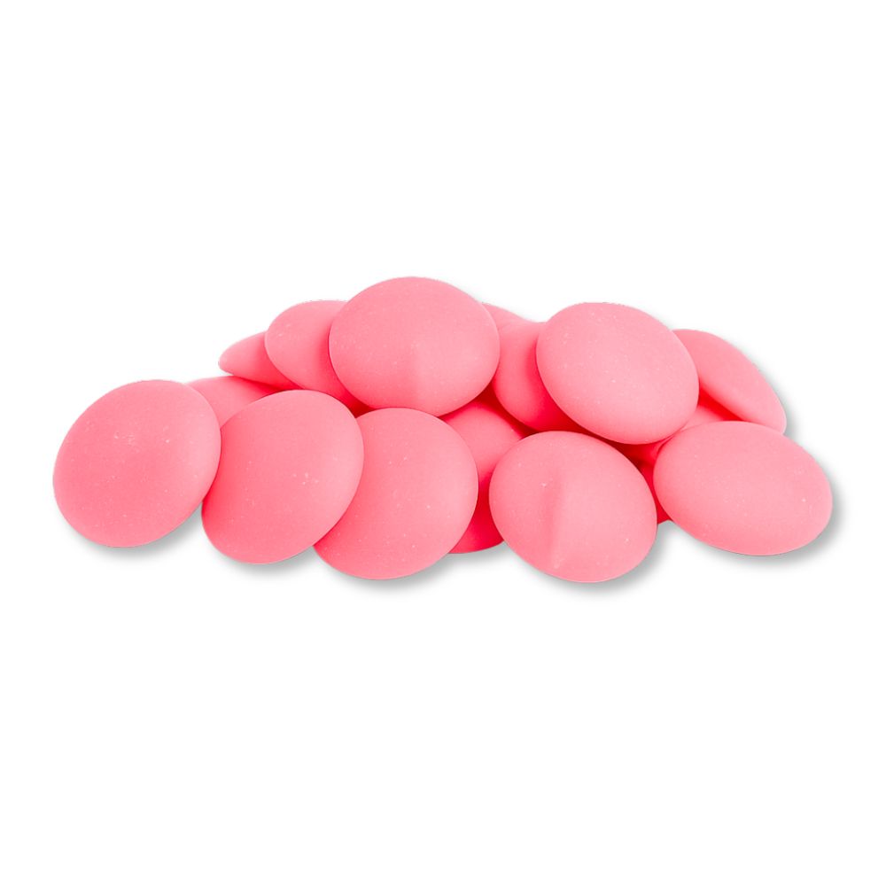 Pink vanilla-flavored candy coating and melting wafers in a bulk bag from Candy In Bulk, perfect for chocolate decorating.