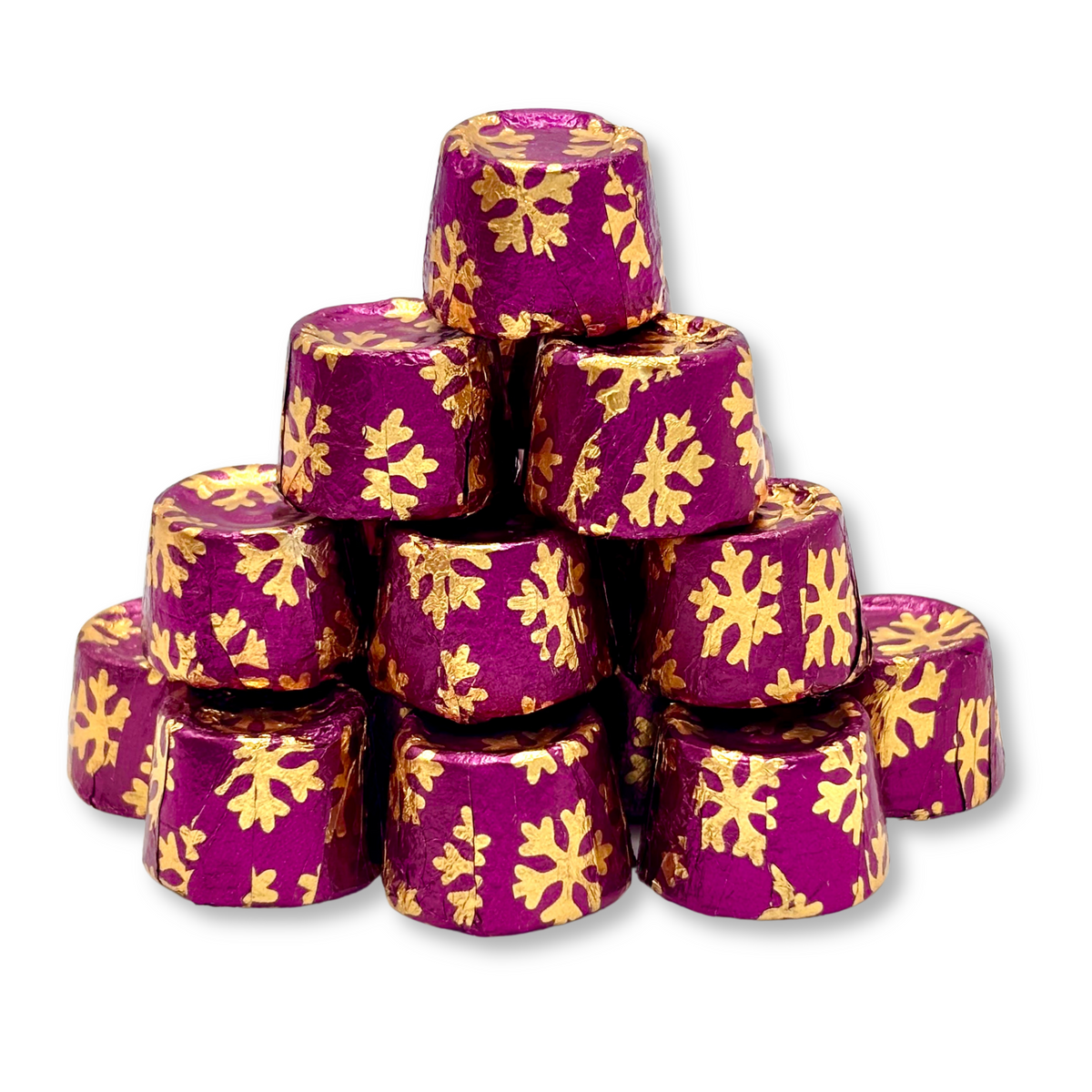 Candy In Bulk Rolo Salted Caramel dark chocolate Christmas foil candies in a bulk value bag, showing shiny caramel and chocolate pieces.