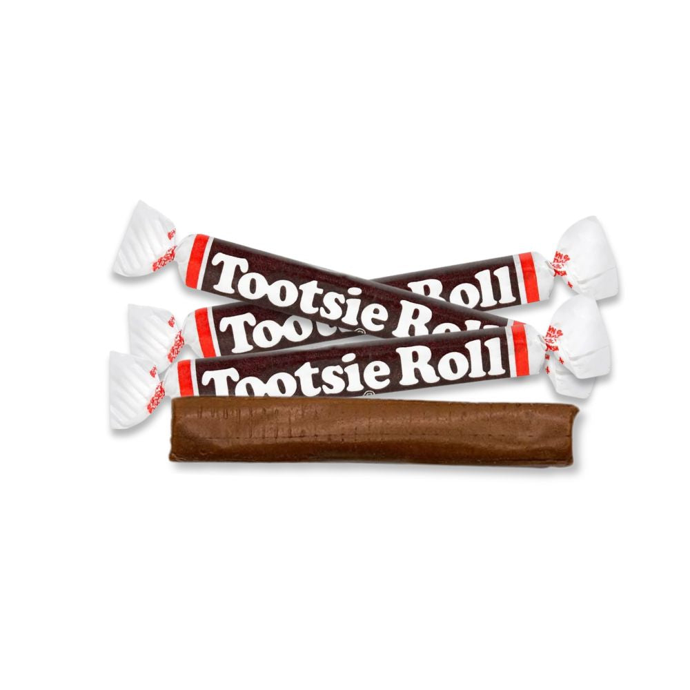 Chocolate Tootsie Roll candy in a bulk bag, showing a 3-inch twisted chocolate candy from Candy In Bulk.
