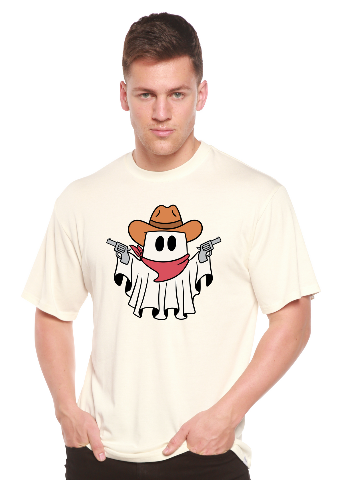 Spun Bamboo men's cowboy ghost graphic T-shirt with short sleeves, made from bamboo viscose and organic cotton, featuring a printed design.