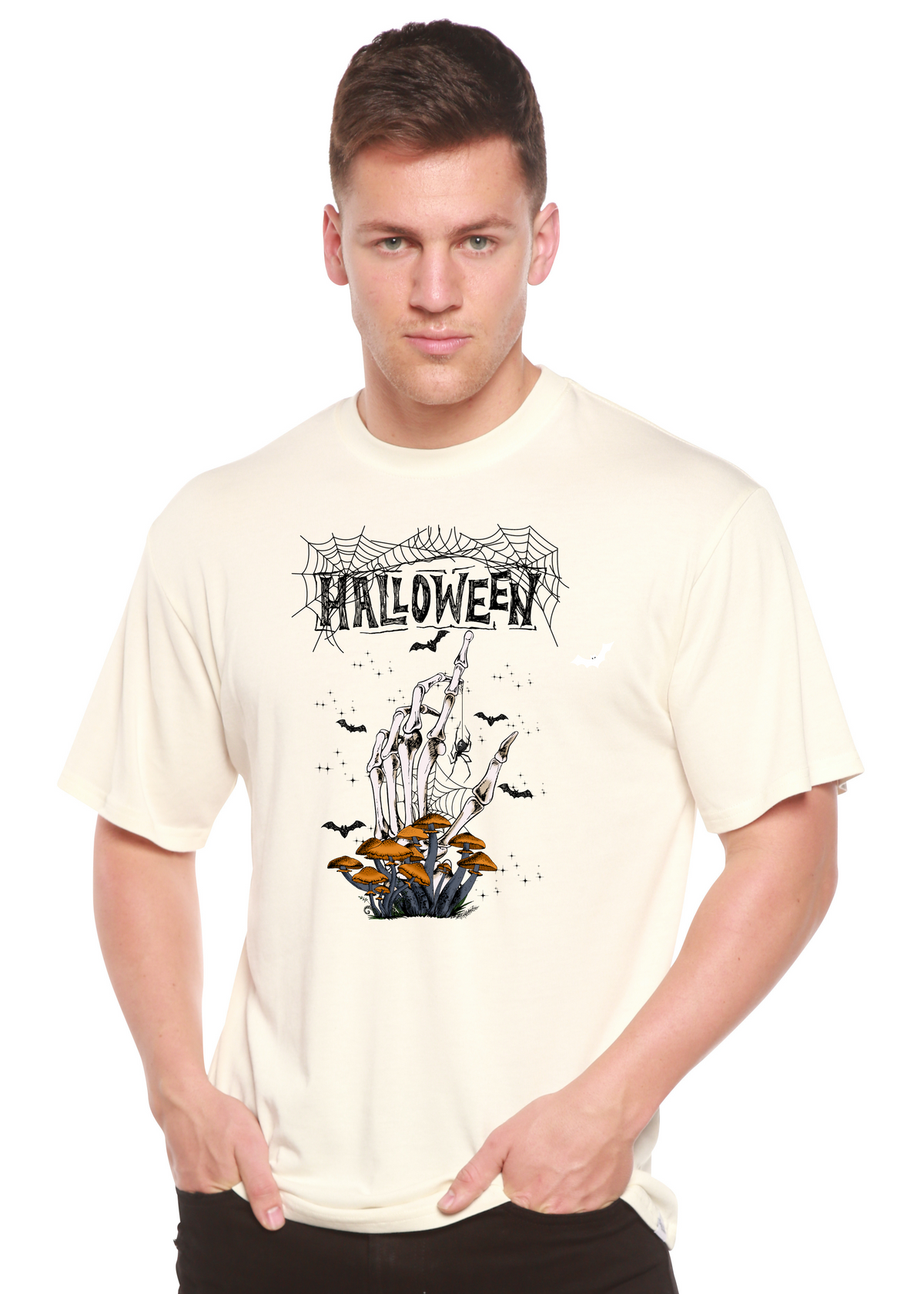 Men's Halloween graphic T-shirt in bamboo viscose and organic cotton by Spun Bamboo, featuring a printed spooky design.
