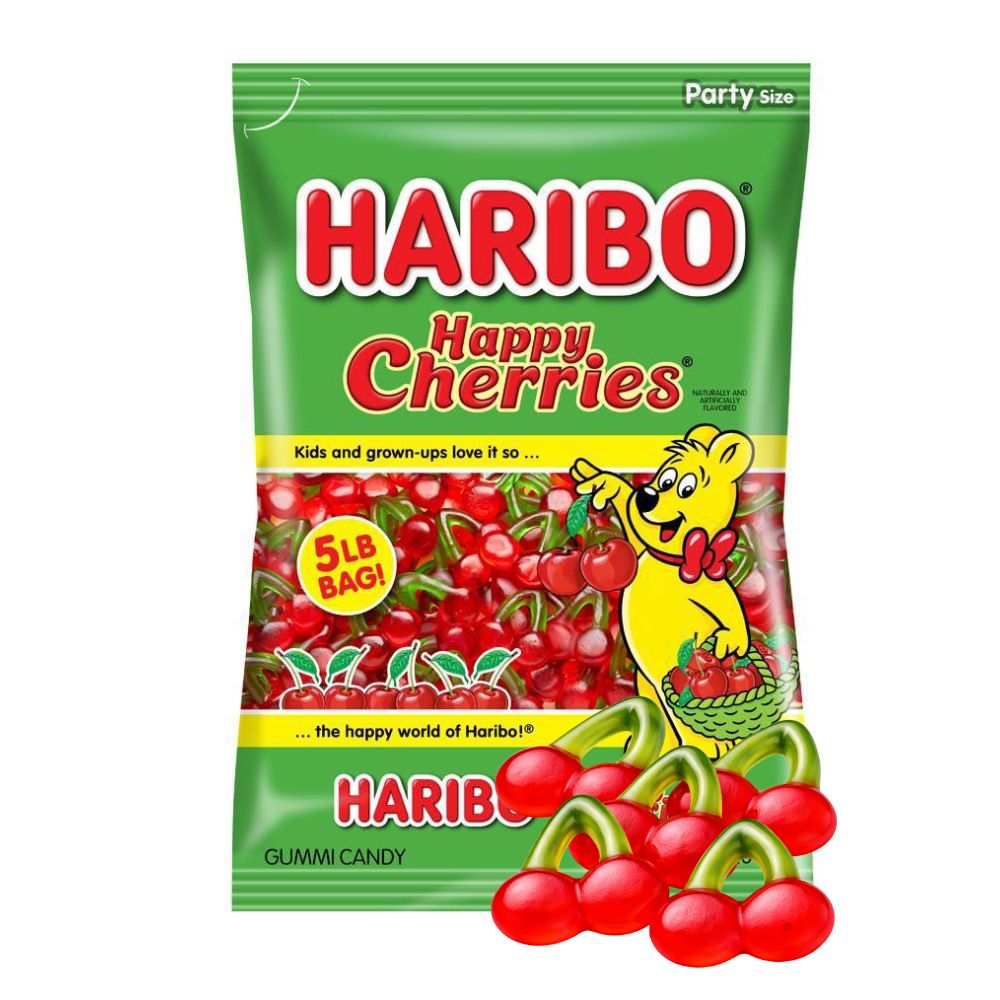 Colorful Haribo Gummi Happy Cherries candies from Candy In Bulk, showing bright red cherry-shaped gummy candies.